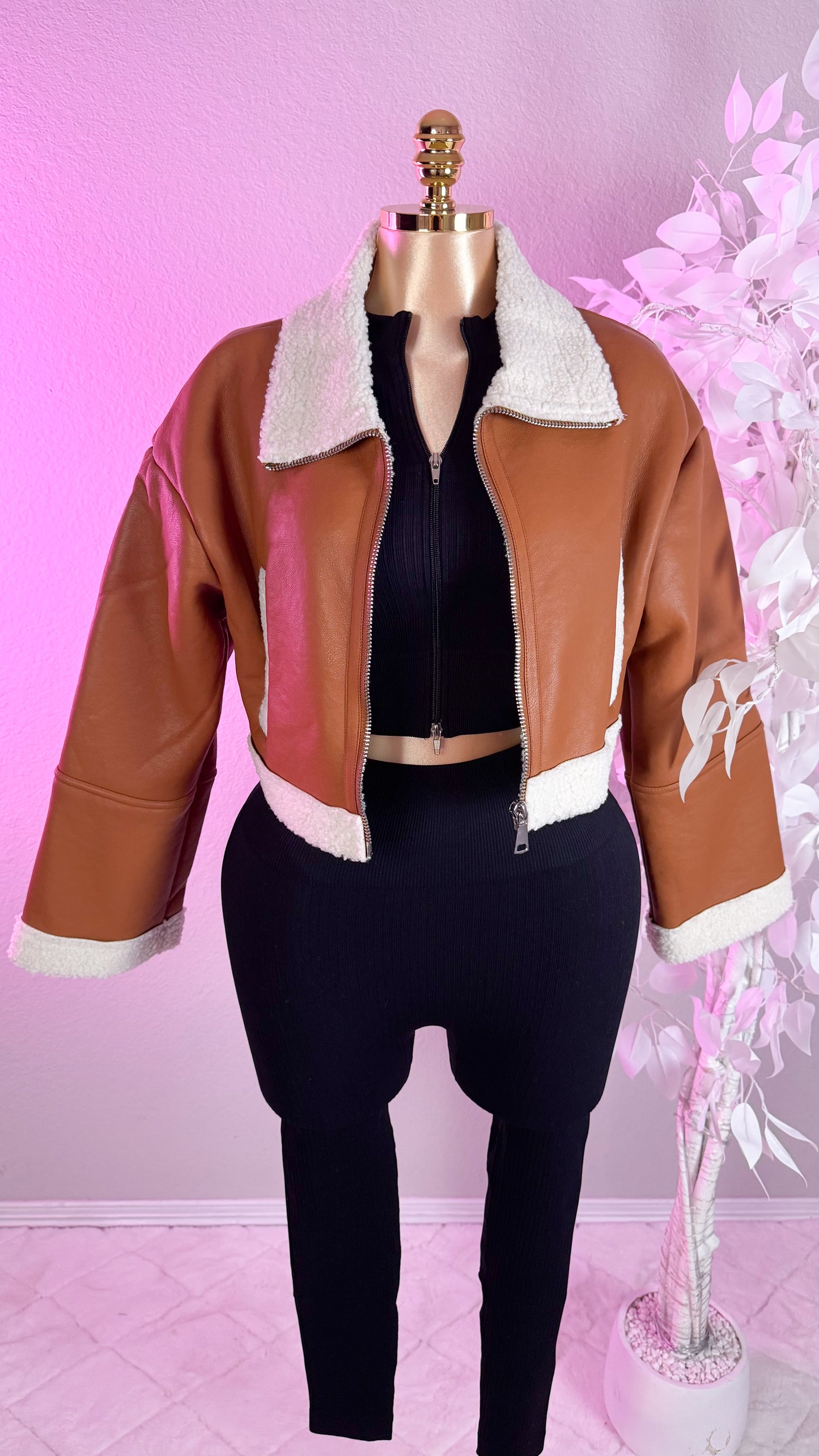 Nathalie Leather Cropped Jacket - Brown