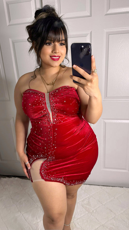Ruby Velvet Rhinestone Dress - Red (Plus Size Available)