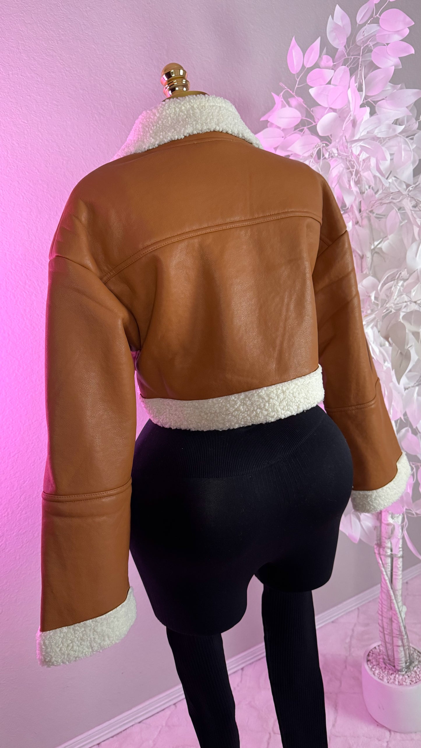 Nathalie Leather Cropped Jacket - Brown
