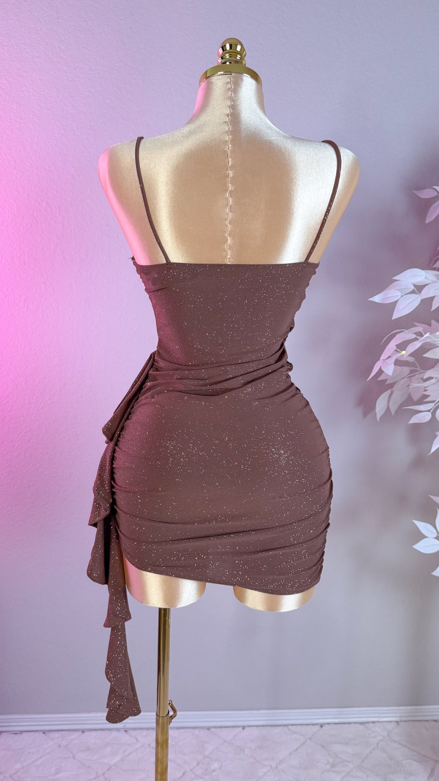 Meredith Glitter Ruffled Dress - Brown