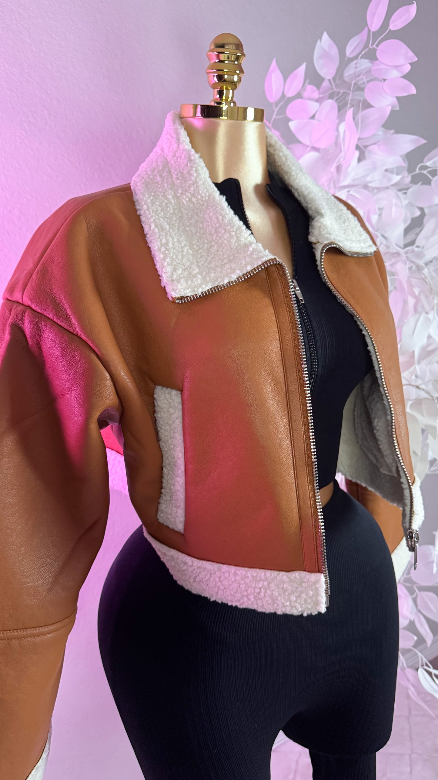 Nathalie Leather Cropped Jacket - Brown