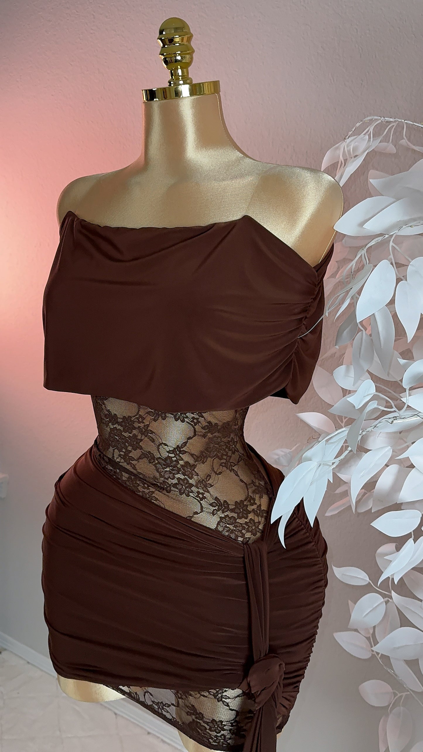 Ava Lace Mini Dress - Brown