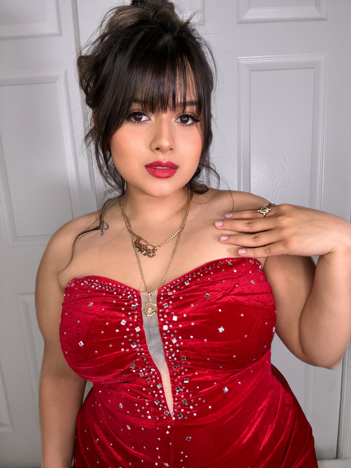 Ruby Velvet Rhinestone Dress - Red (Plus Size Available)