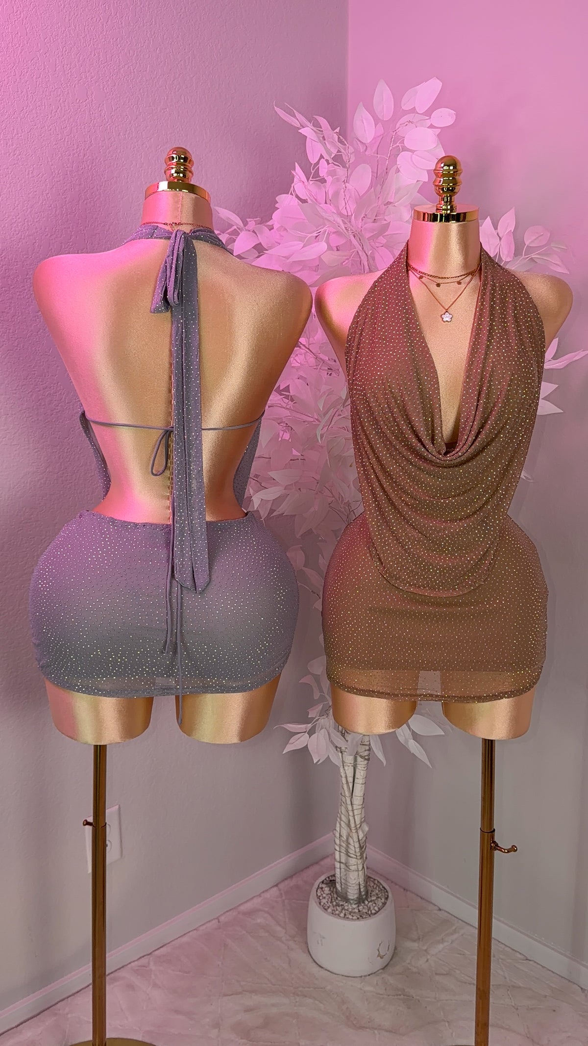 Nova Rhinestone Halter Dress - Nude