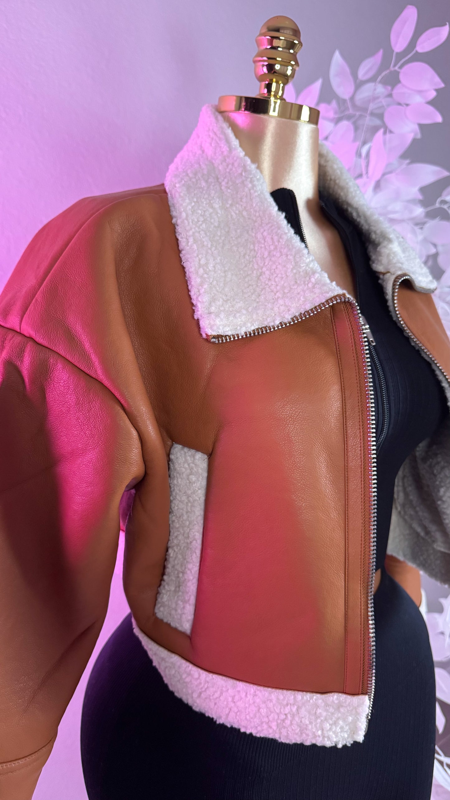 Nathalie Leather Cropped Jacket - Brown
