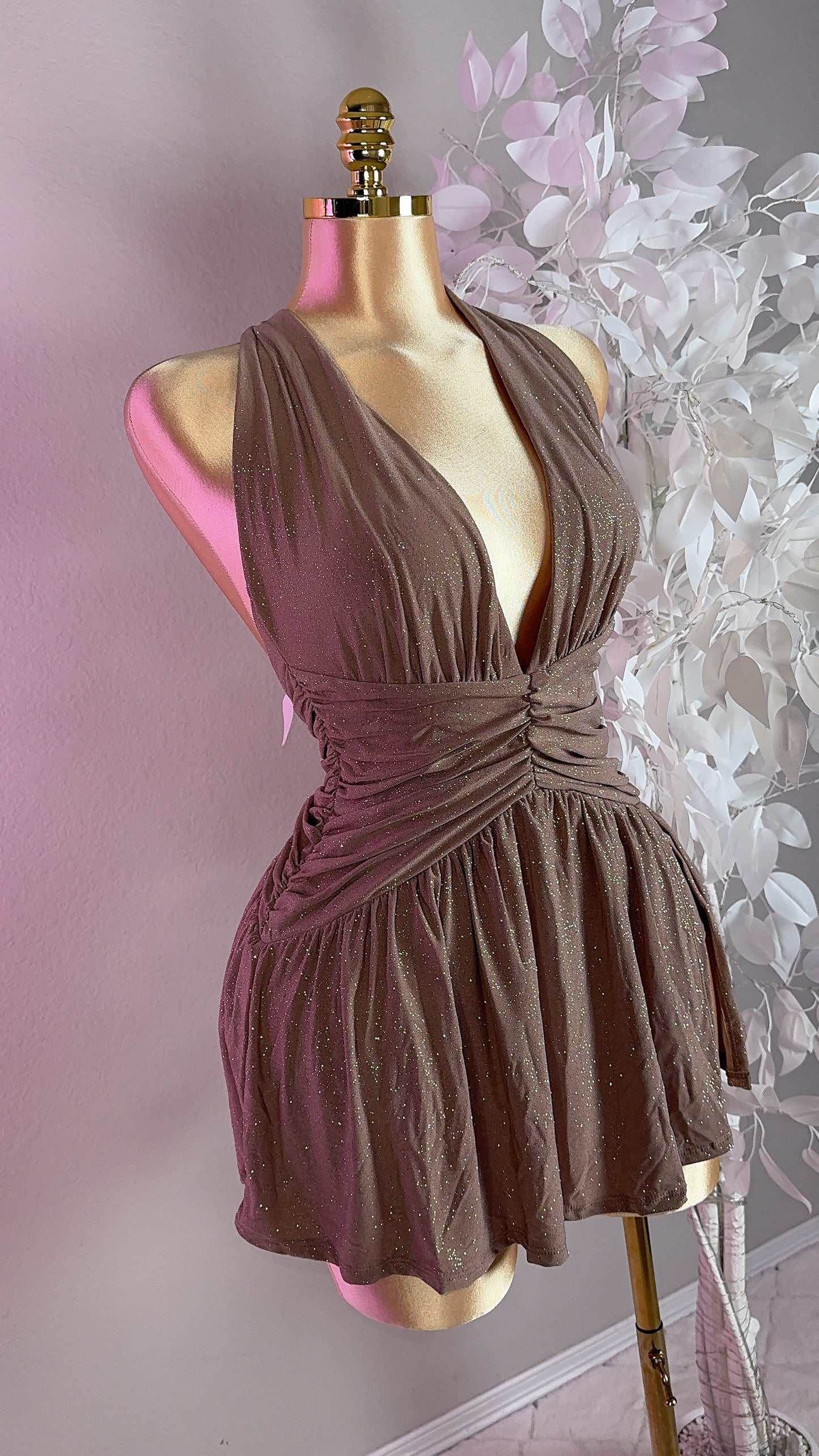 Lia Glitter Romper Dress - Latte