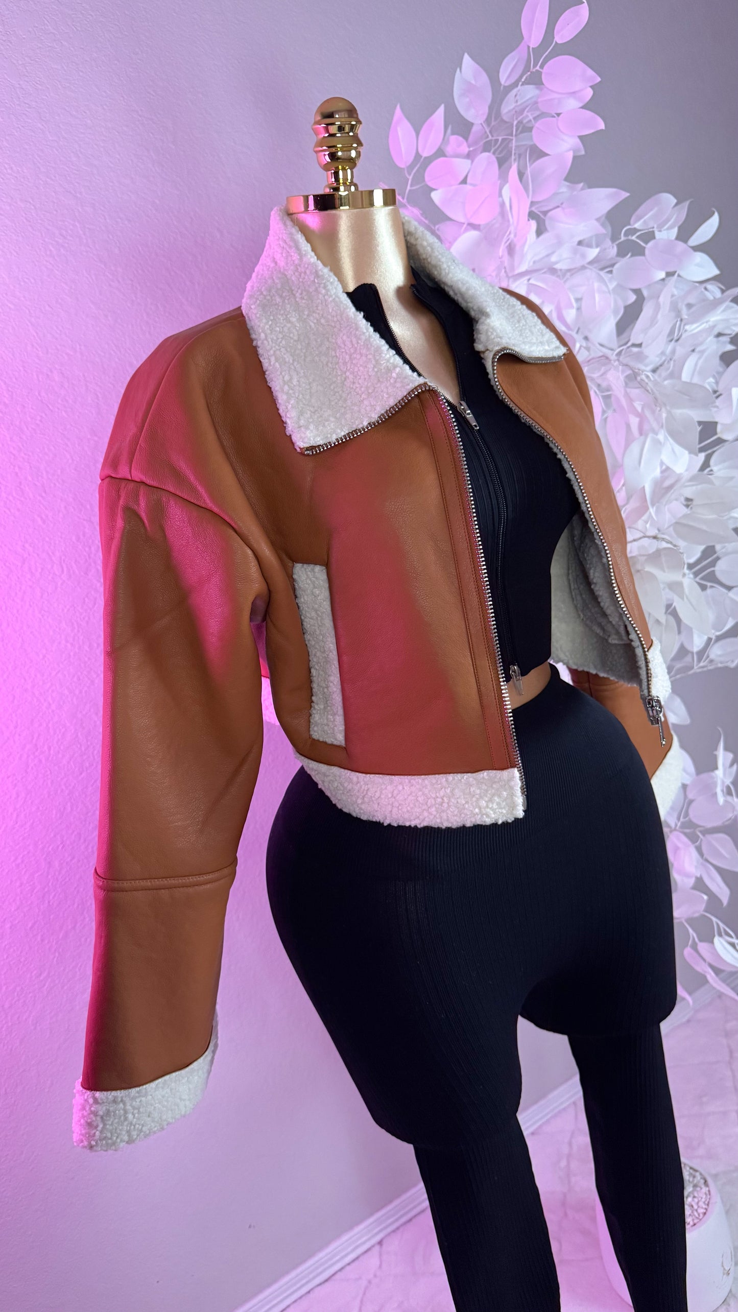 Nathalie Leather Cropped Jacket - Brown
