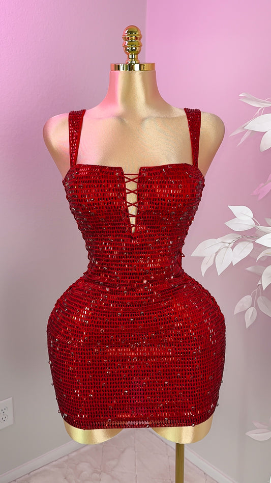 Azaria Rhinestone Dress - Red
