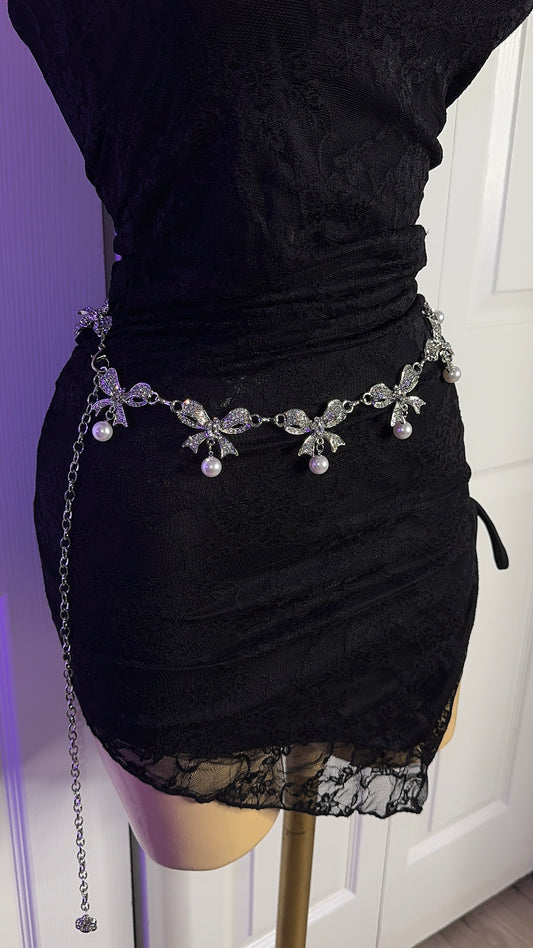 Bow Rhinestone / Pearl Chain Belt - Silver