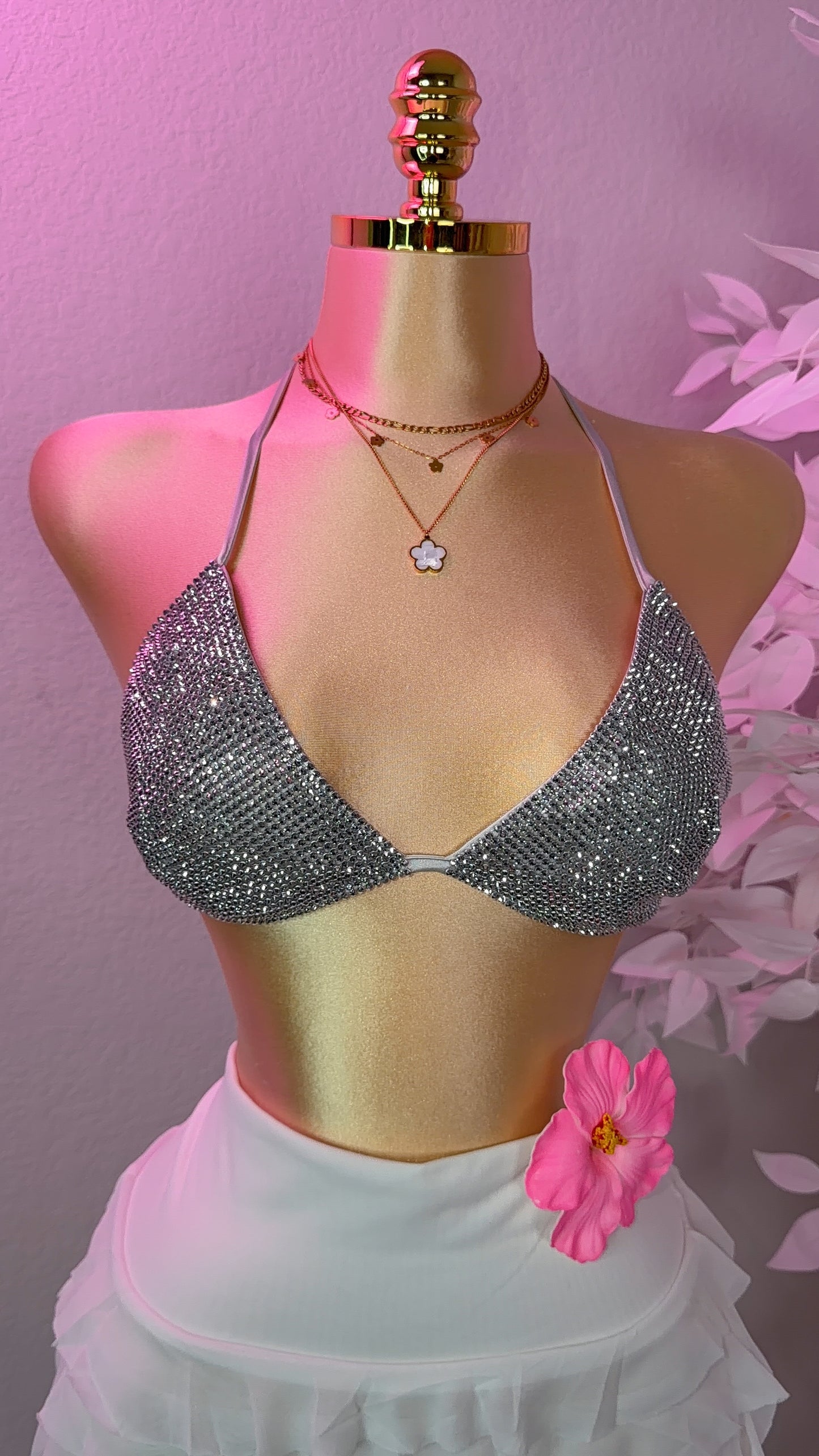 Del Cora Rhinestone Bikini Top - Silver