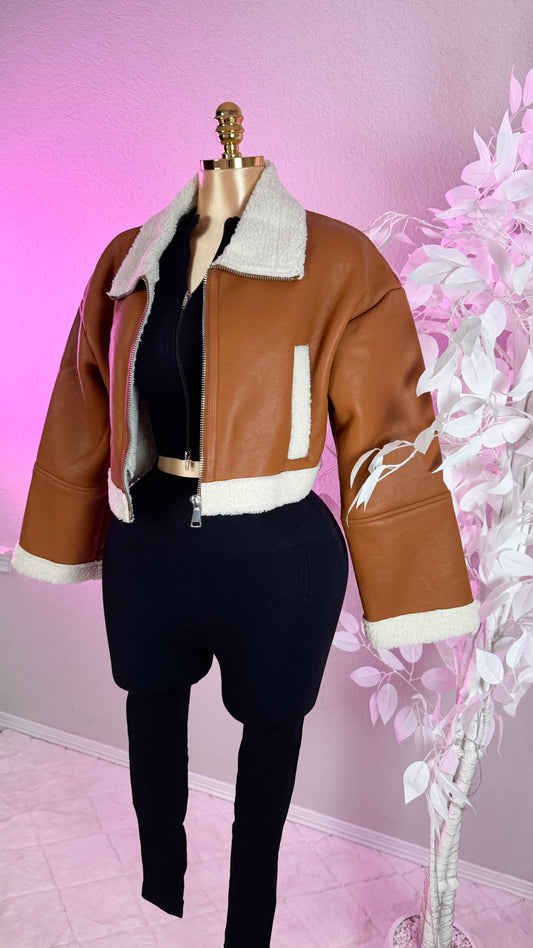 Nathalie Leather Cropped Jacket - Brown