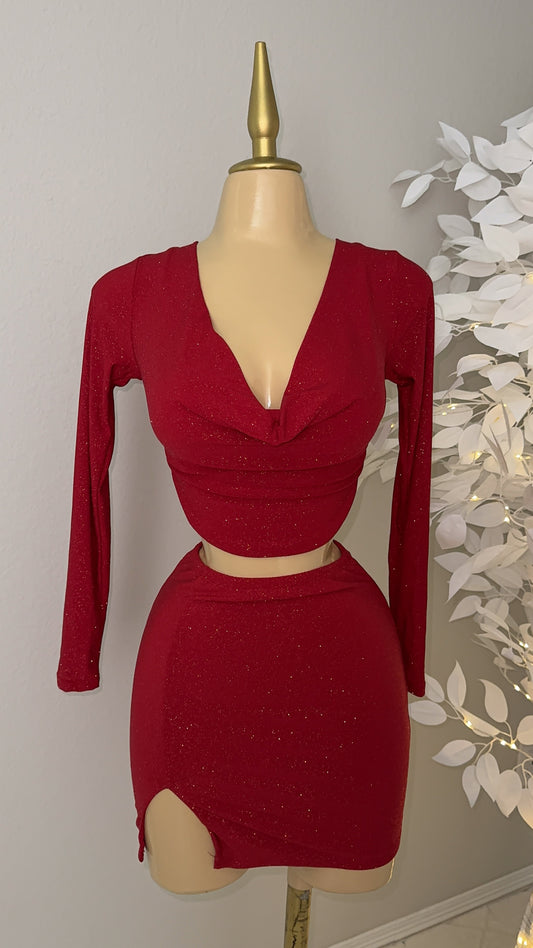 Nina Glitter Skirt Set - Red
