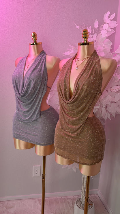 Nova Rhinestone Halter Dress - Nude