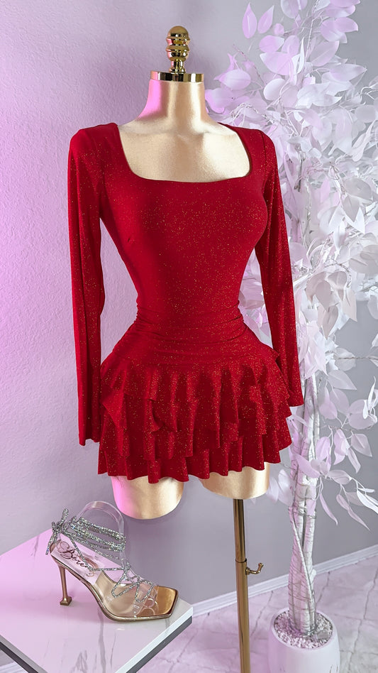Itzel Glitter Romper Dress - Red