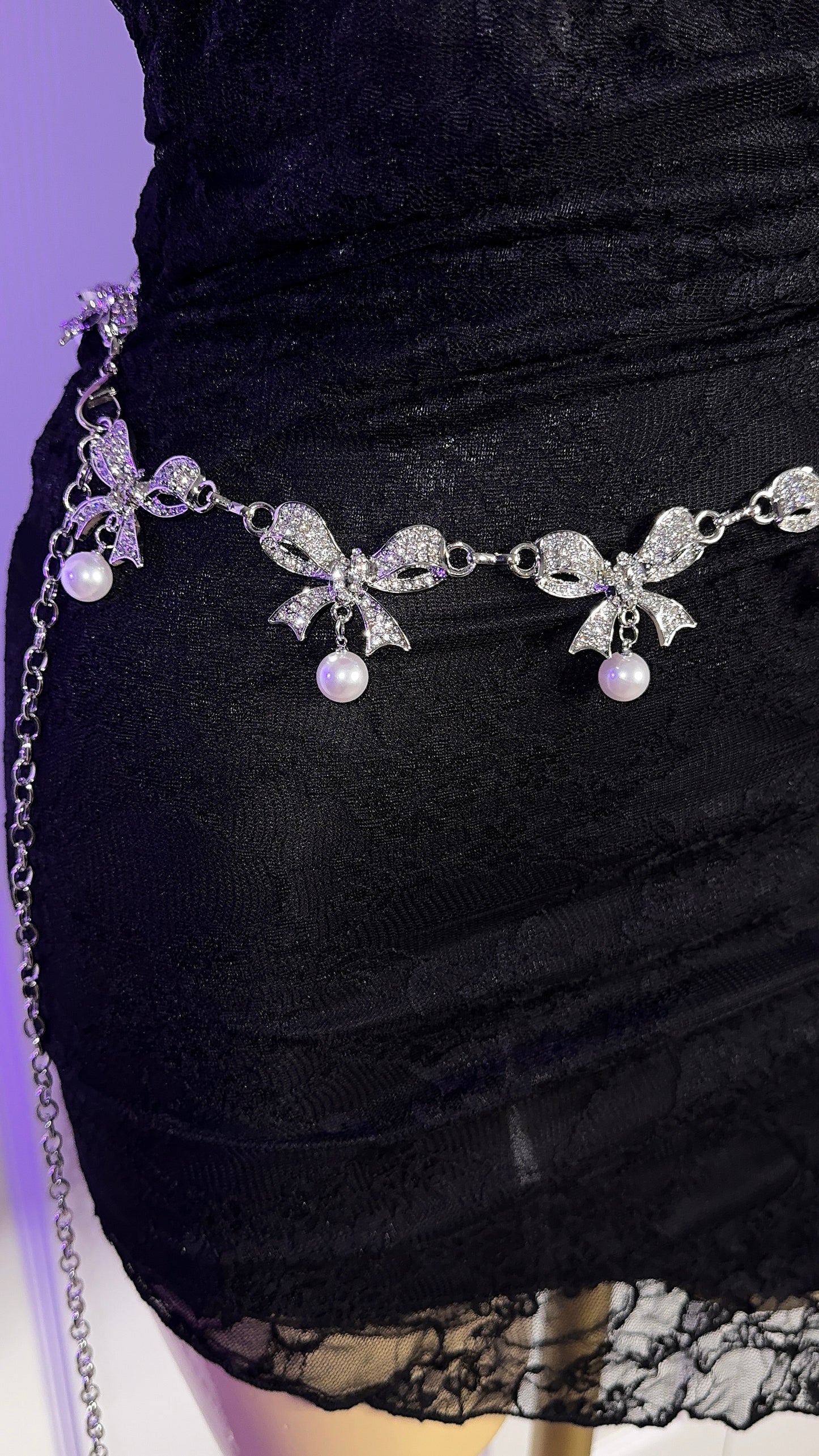 Bow Rhinestone / Pearl Chain Belt - Silver