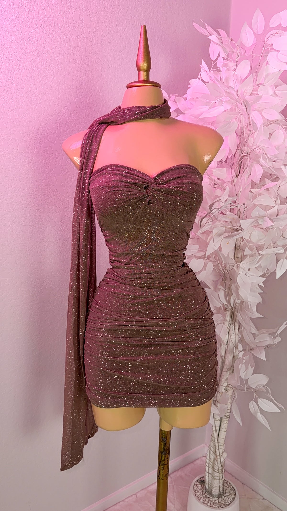 Alessia Glitter Mini Dress - Mocha