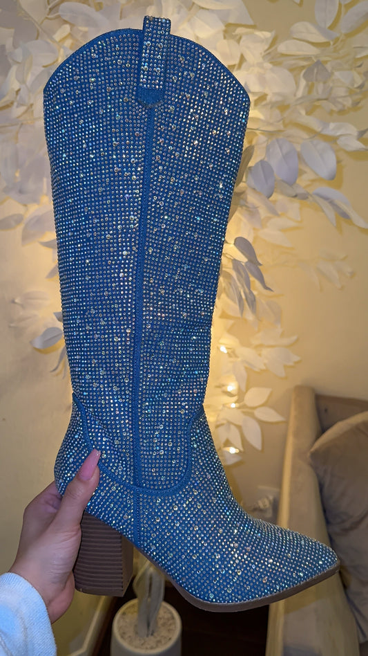 Anahi Rhinestone Western Boots - Blue Denim ( New Color)