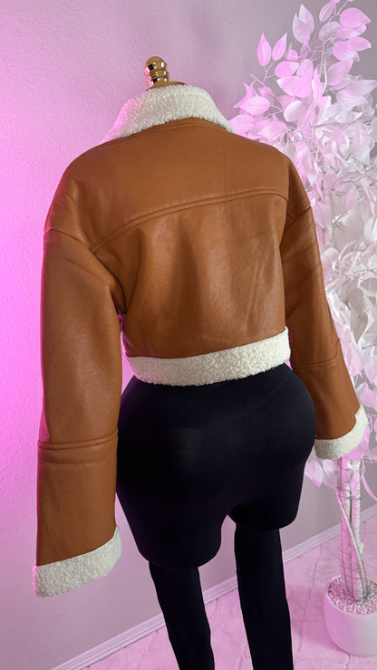 Nathalie Leather Cropped Jacket - Brown
