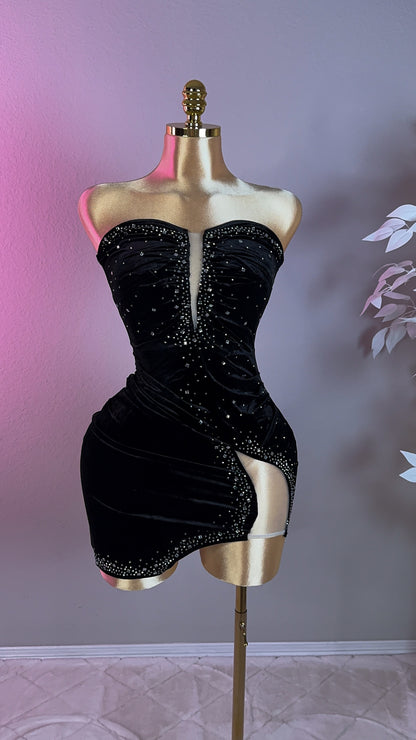 Ruby Velvet Rhinestone Dress - Black (Plus Size Available)