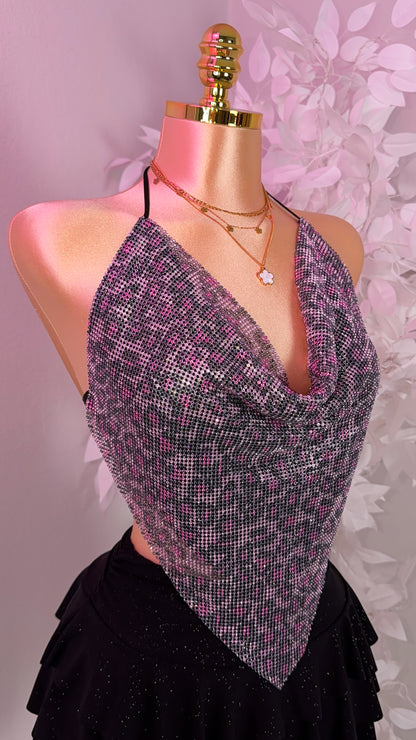 Zahara Rhinestone Top - Pink Leopard