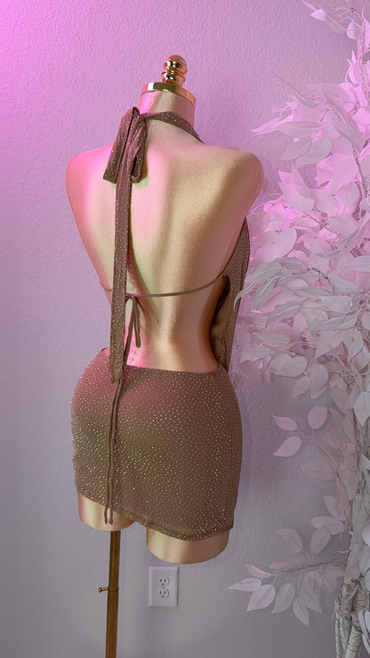Nova Rhinestone Halter Dress - Nude