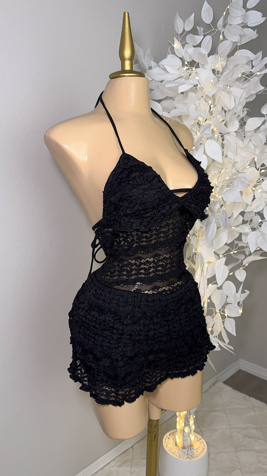 Violeta Lace Romper Dress -  Black