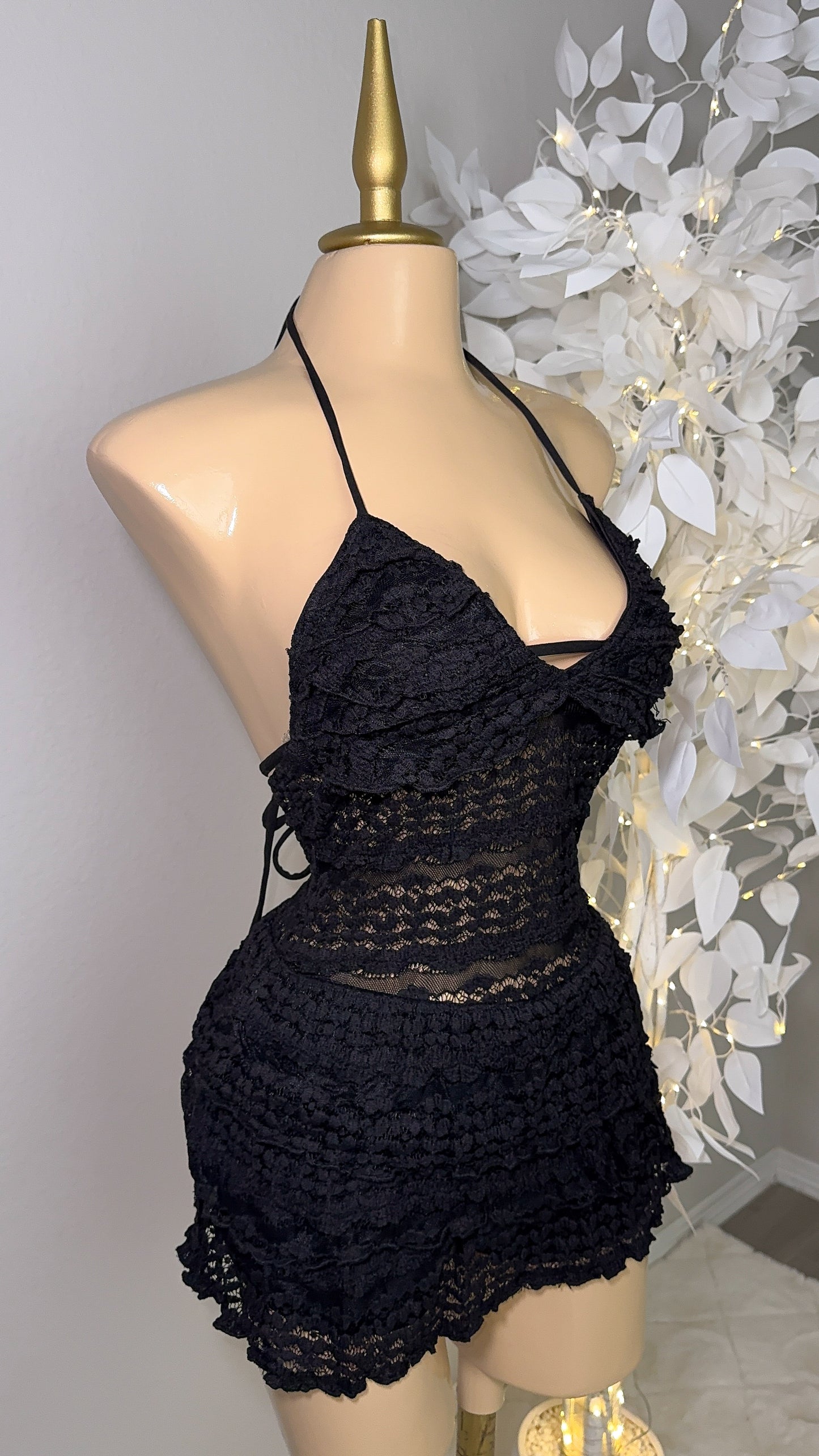 Violeta Lace Romper Dress -  Black