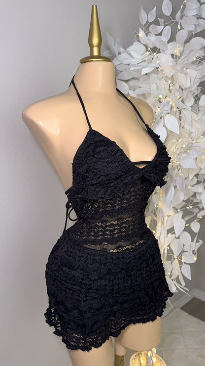 Violeta Lace Romper Dress -  Black
