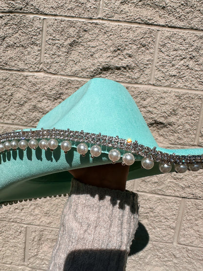Jessica Rhinestone/Pearl Hat - Turquoise