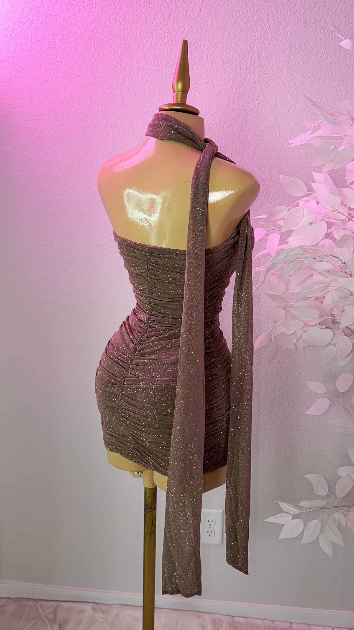Alessia Glitter Mini Dress - Mocha