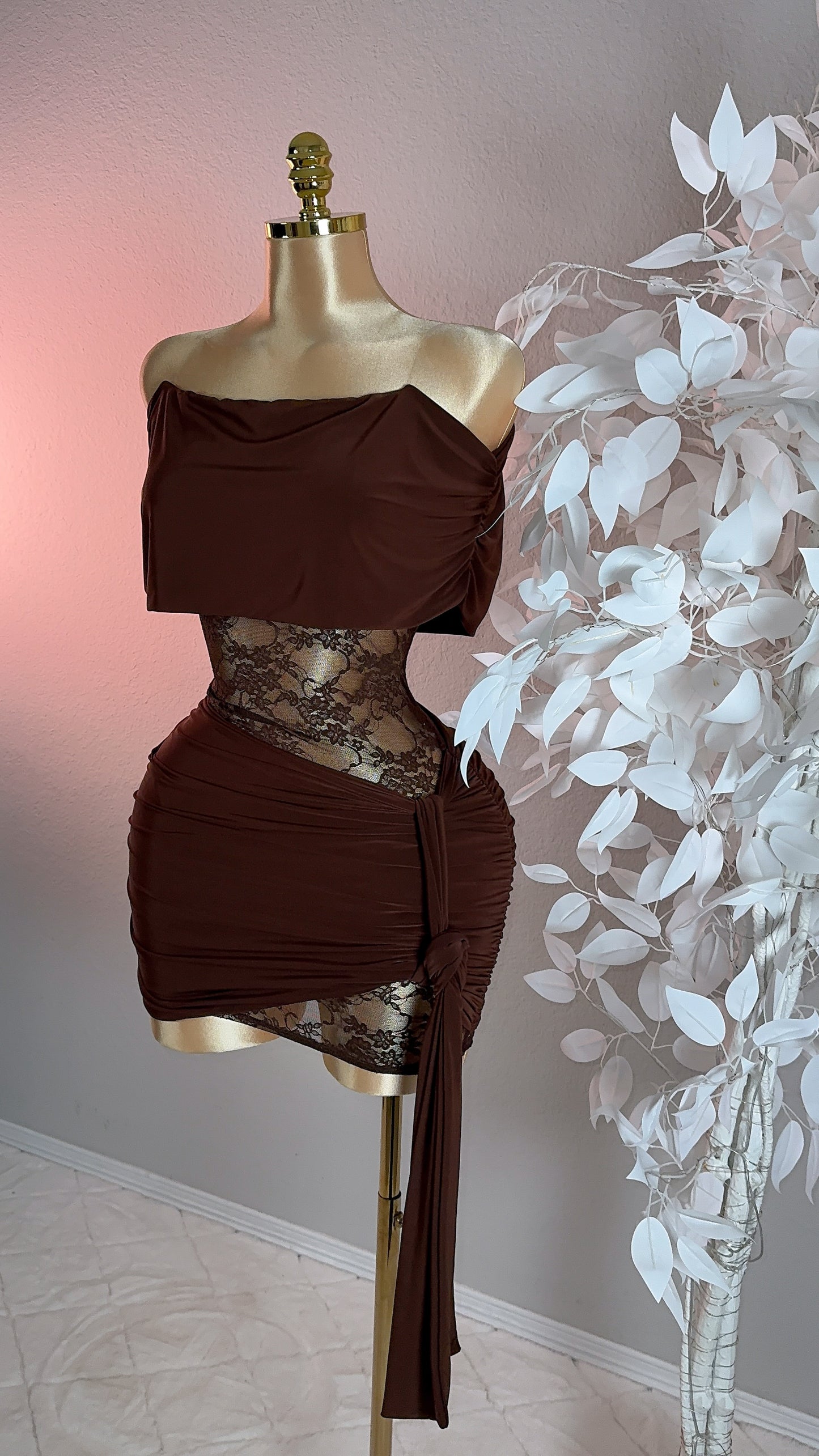 Ava Lace Mini Dress - Brown