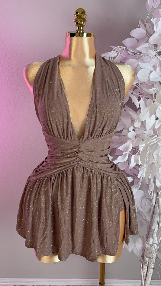 Lia Glitter Romper Dress - Latte