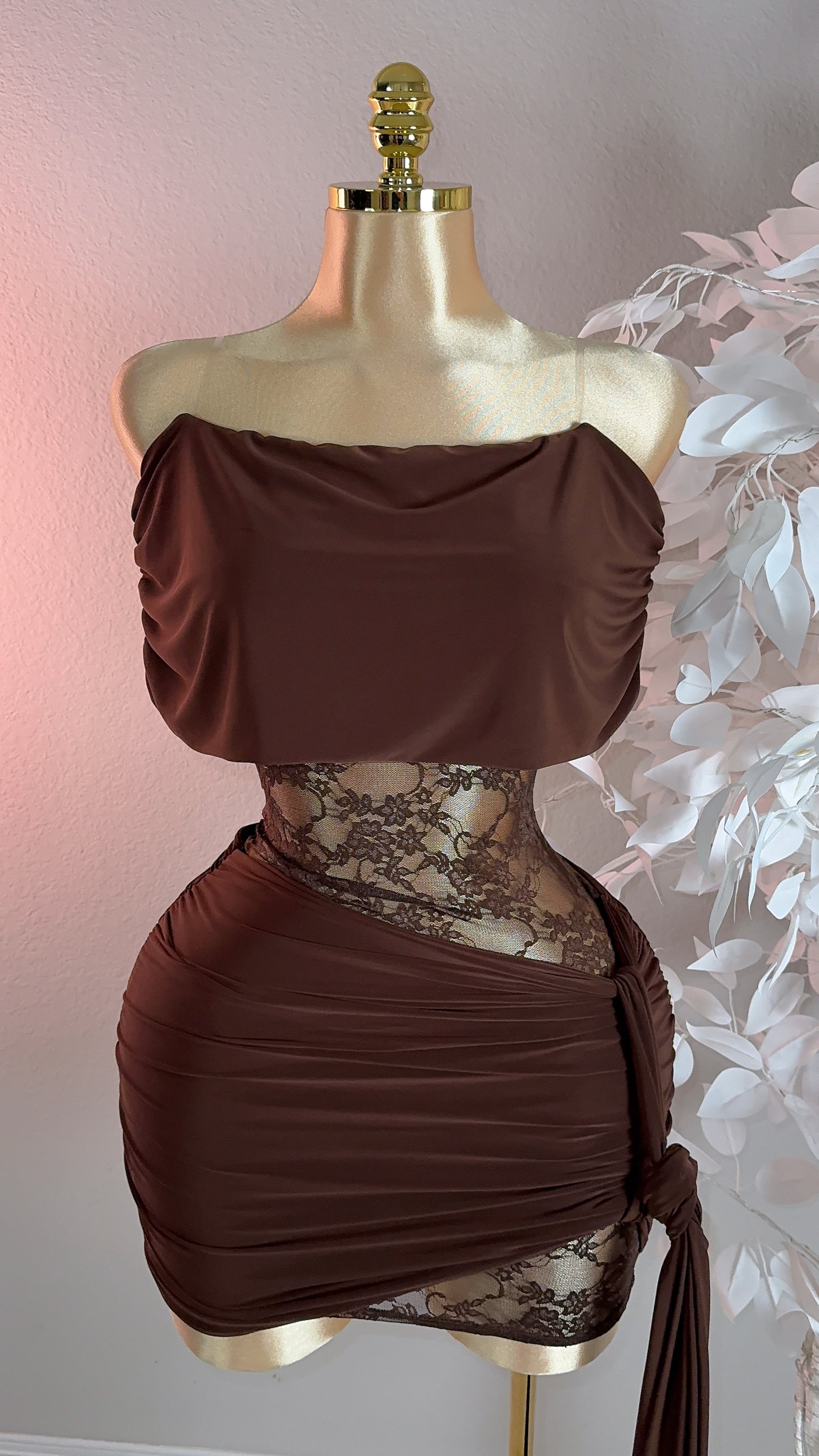 Ava Lace Mini Dress - Brown