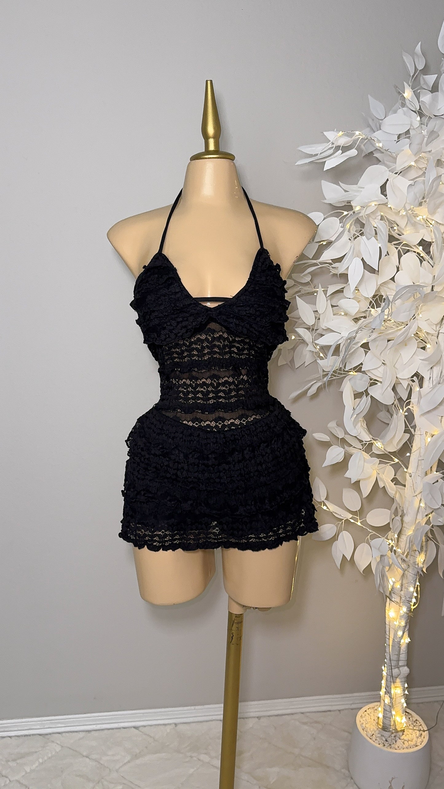 Violeta Lace Romper Dress -  Black
