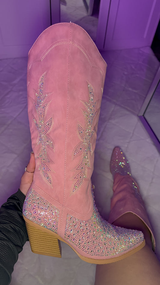 Andrea Rhinestone Western Boots - Pink (Wide Calf Friendly)