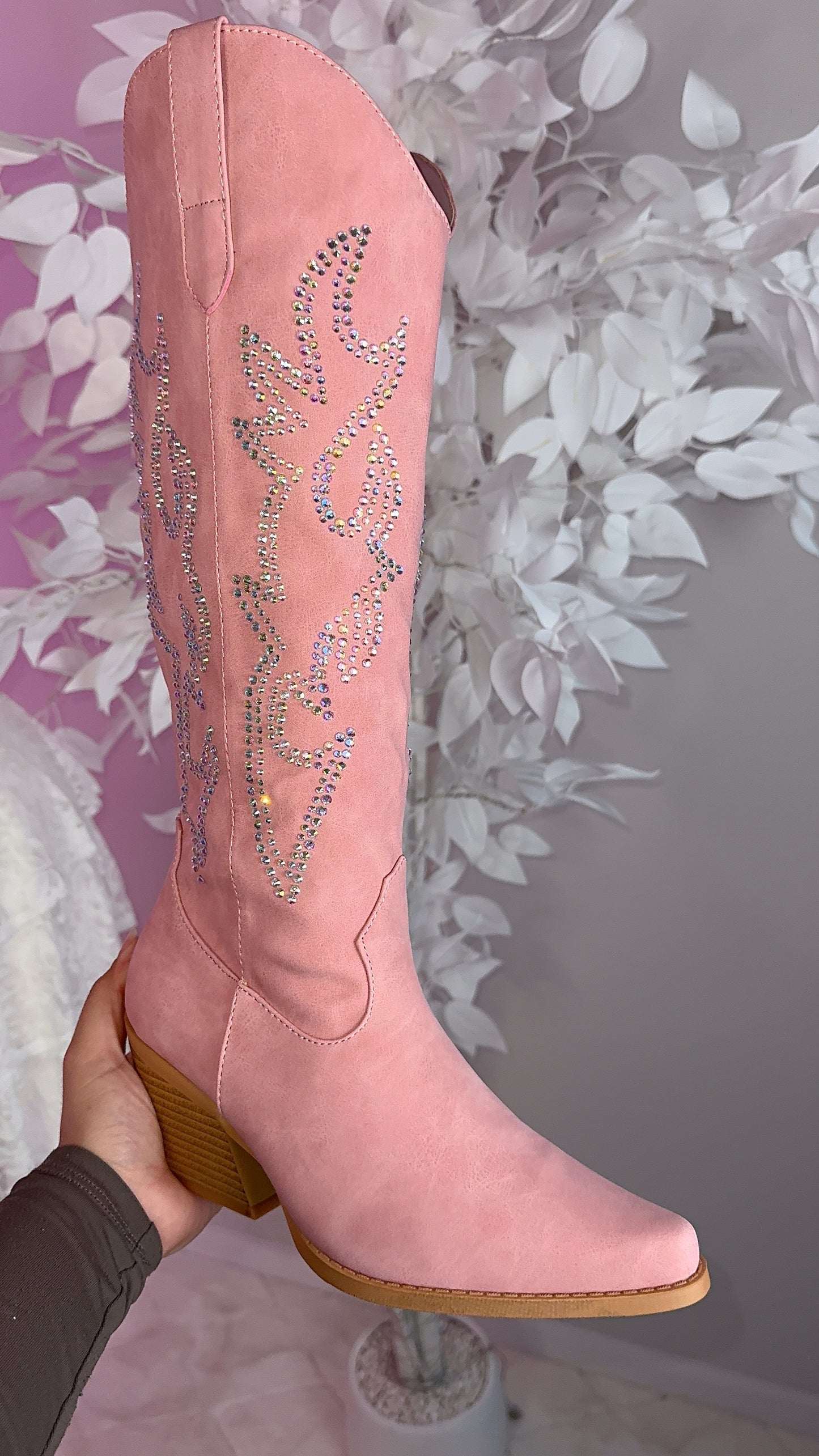 Samantha Rhinestone Western Boots - Pink - Wide Calf Friendly