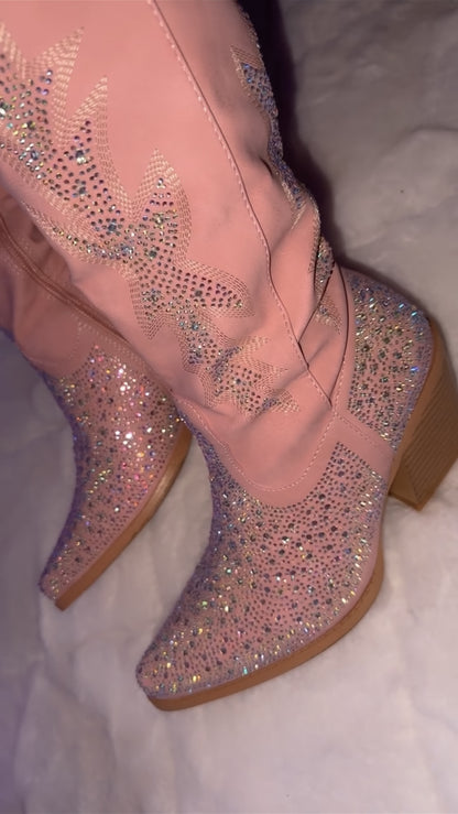 Andrea Rhinestone Western Boots - Pink (Wide Calf Friendly)