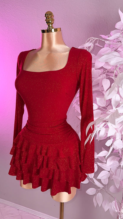 Itzel Glitter Romper Dress - Red