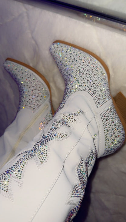 Andrea Rhinestone Western Boots - White (Wide Calf Friendly)