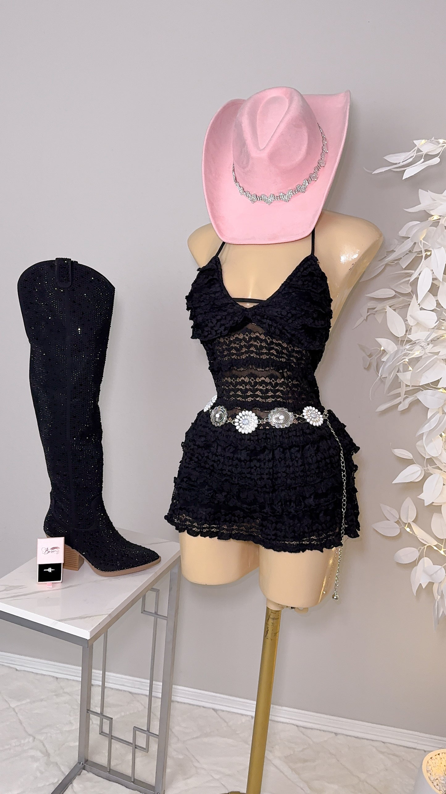 Violeta Lace Romper Dress -  Black