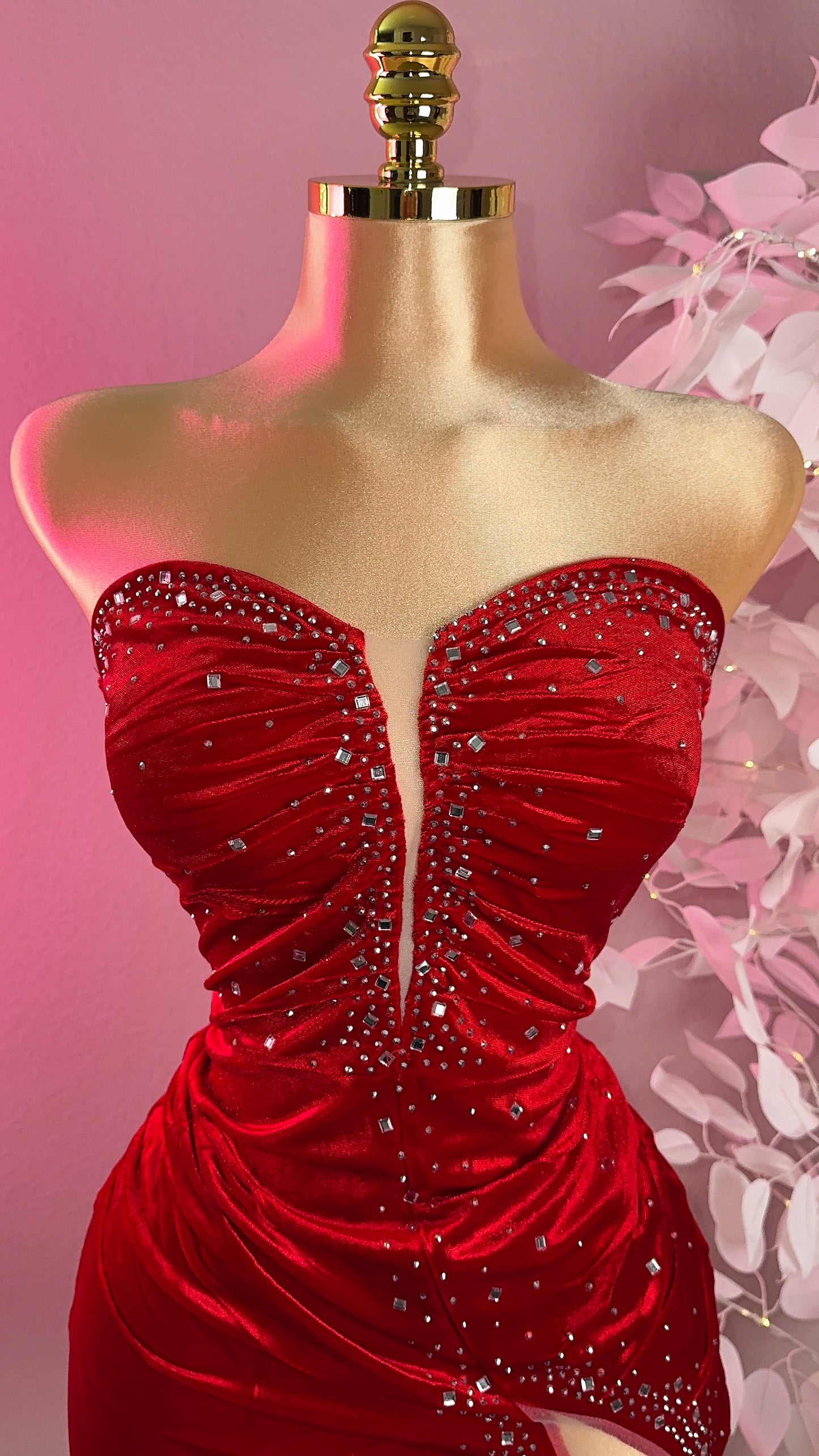 Ruby Velvet Rhinestone Dress - Red (Plus Size Available)