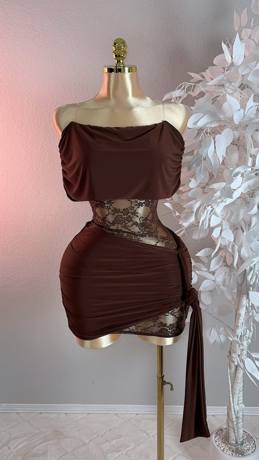 Ava Lace Mini Dress - Brown