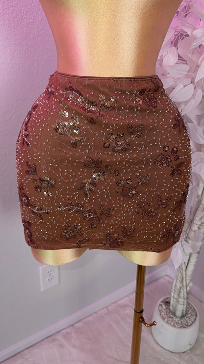 Ari Beaded Skirt Set - Brown (Built In Shorts)