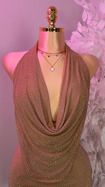 Nova Rhinestone Halter Dress - Nude