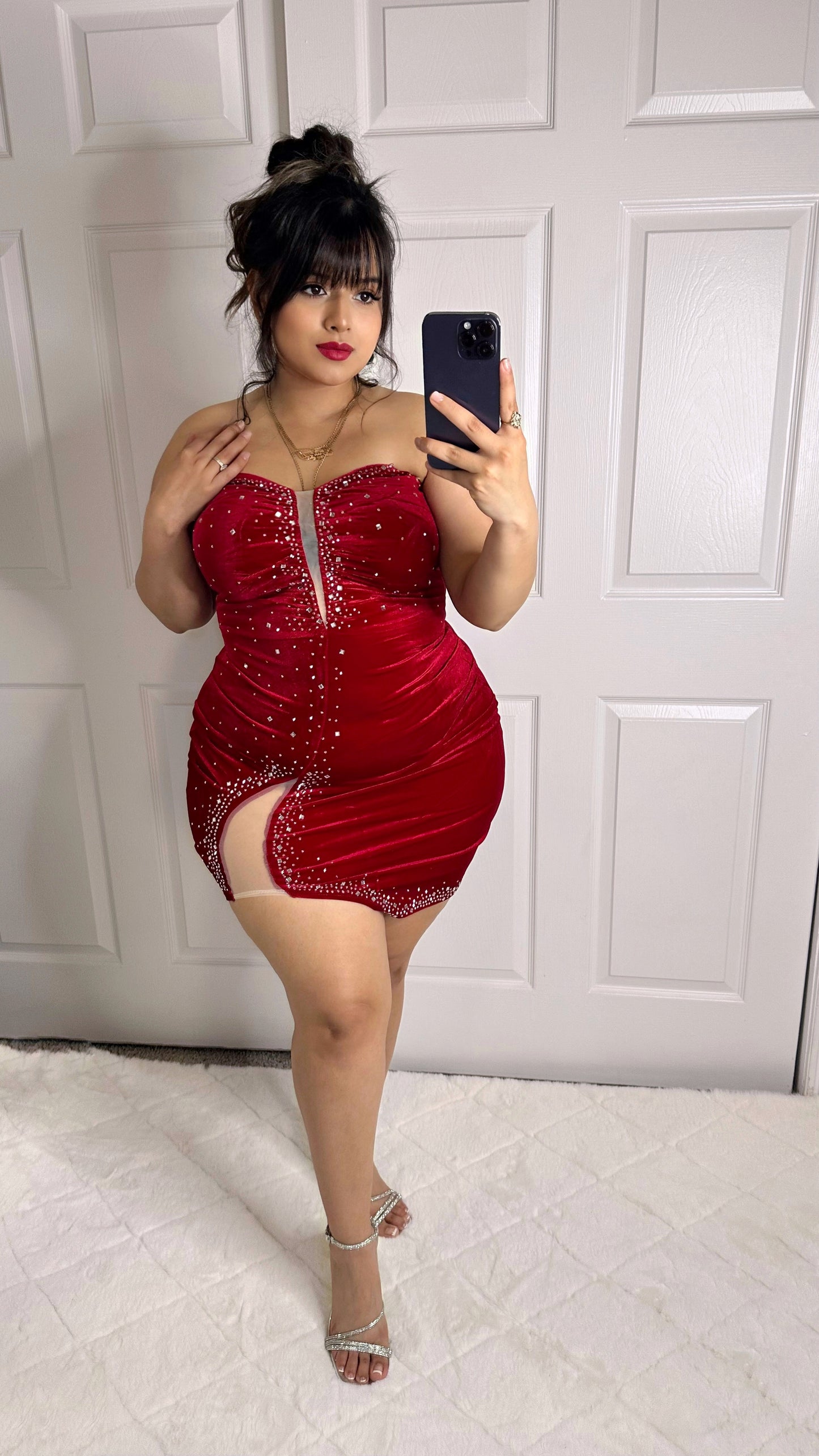 Ruby Velvet Rhinestone Dress - Red (Plus Size Available)