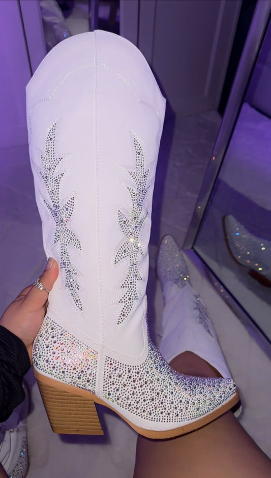 Andrea Rhinestone Western Boots - White (Wide Calf Friendly)