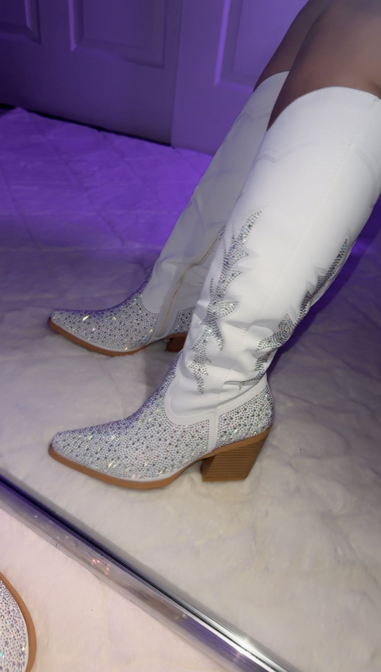Andrea Rhinestone Western Boots - White (Wide Calf Friendly)