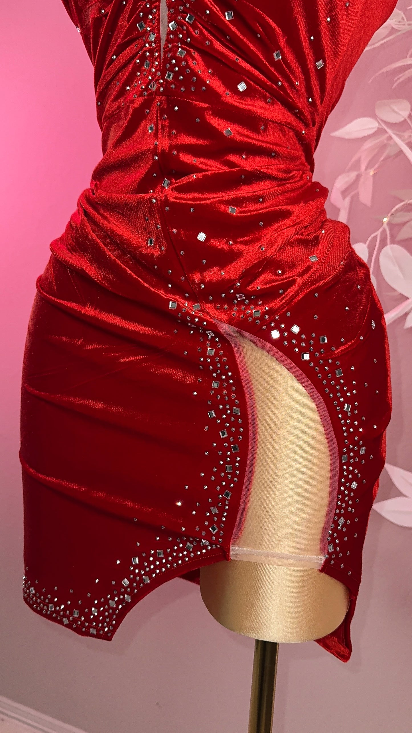 Ruby Velvet Rhinestone Dress - Red (Plus Size Available)