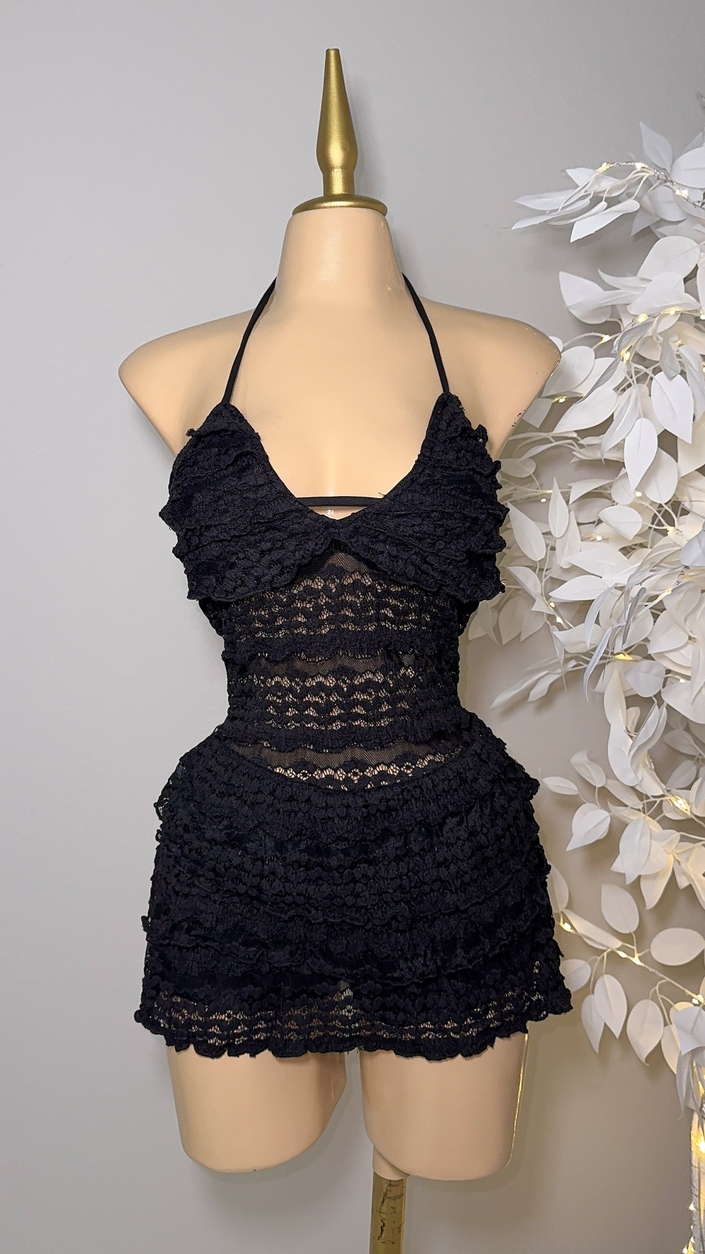 Violeta Lace Romper Dress -  Black