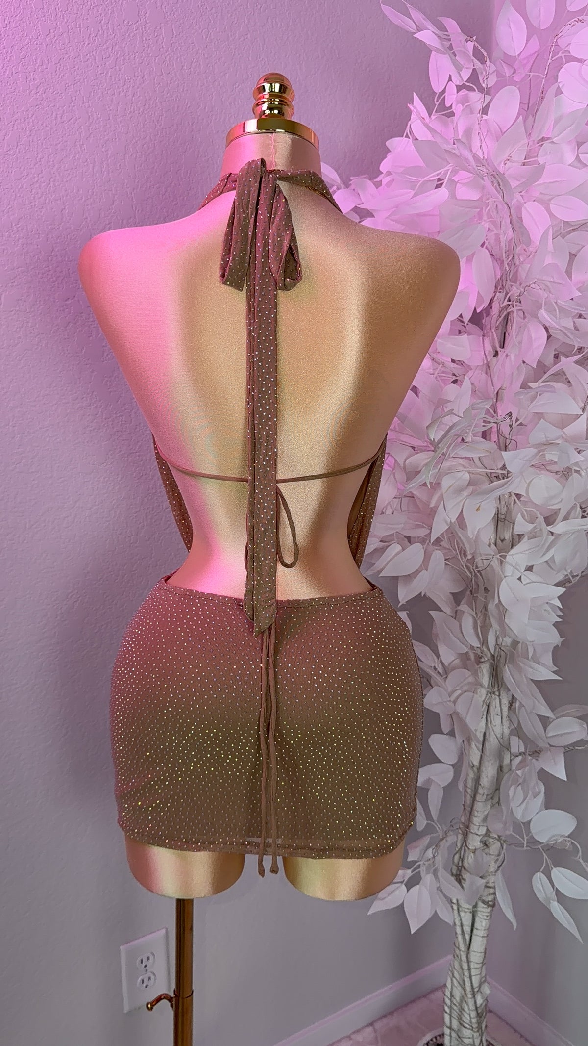 Nova Rhinestone Halter Dress - Nude